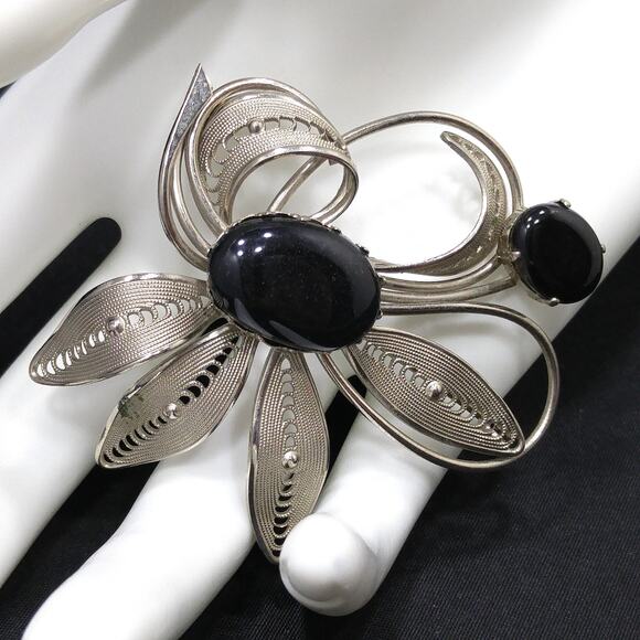 Western Germany Black & Silver Floral Brooch, Black Glass Cabochons, 1950s - Picture 2 of 10